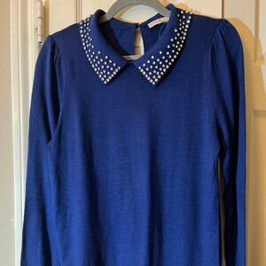 NWT Women's Loft Rhinestone Detail Collared Blue Sweater Work Christmas - Small
